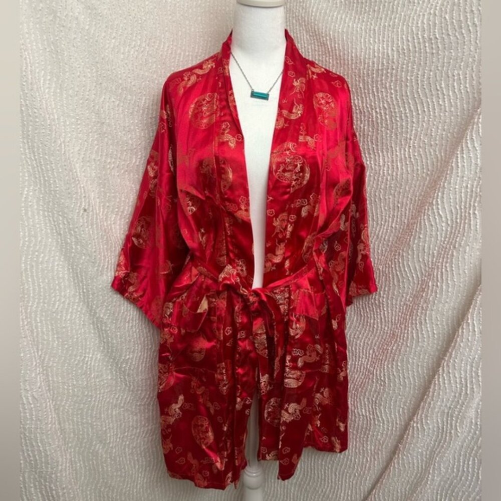 Vintage Japanese Kimono Robe Adult Large Red Gold from Japan Whitby F2